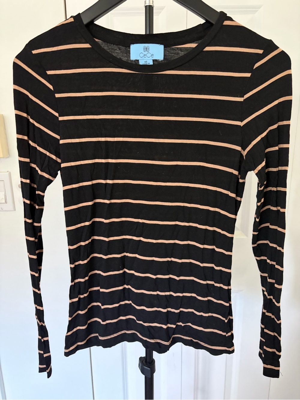 CeCe Black Long-Sleeve Striped Tee with Peach Stripes
